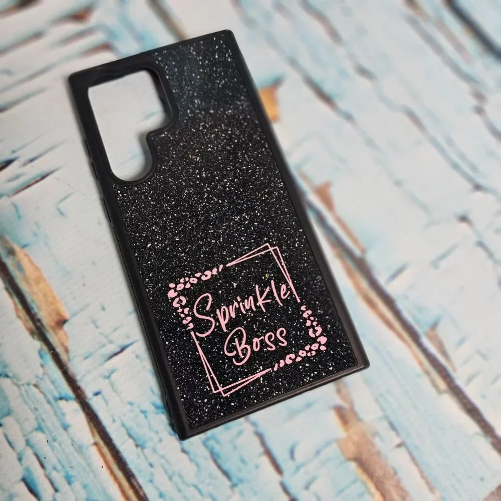 Custom “Sprinkle Boss” Samsung Galaxy S23 Ultra Case Black Glitter Handmade
